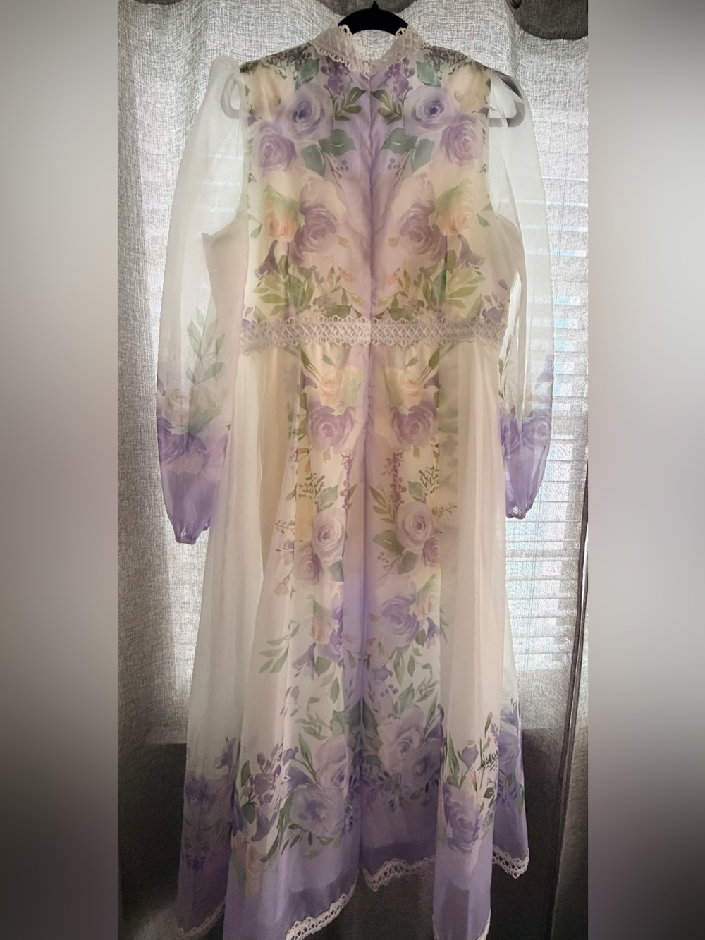 Sheer Lavender Floral Maxi Dress with Lace Trim